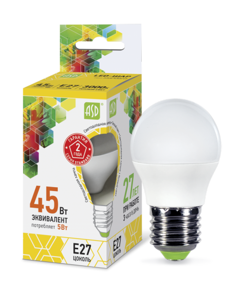 Лампа светодиодная LED-ШАР-standard 5Вт 230В Е27 3000К 450Лм ASD Лампа светодиодная LED-ШАР-standard 5Вт 230В Е27 3000К 450Лм ASD