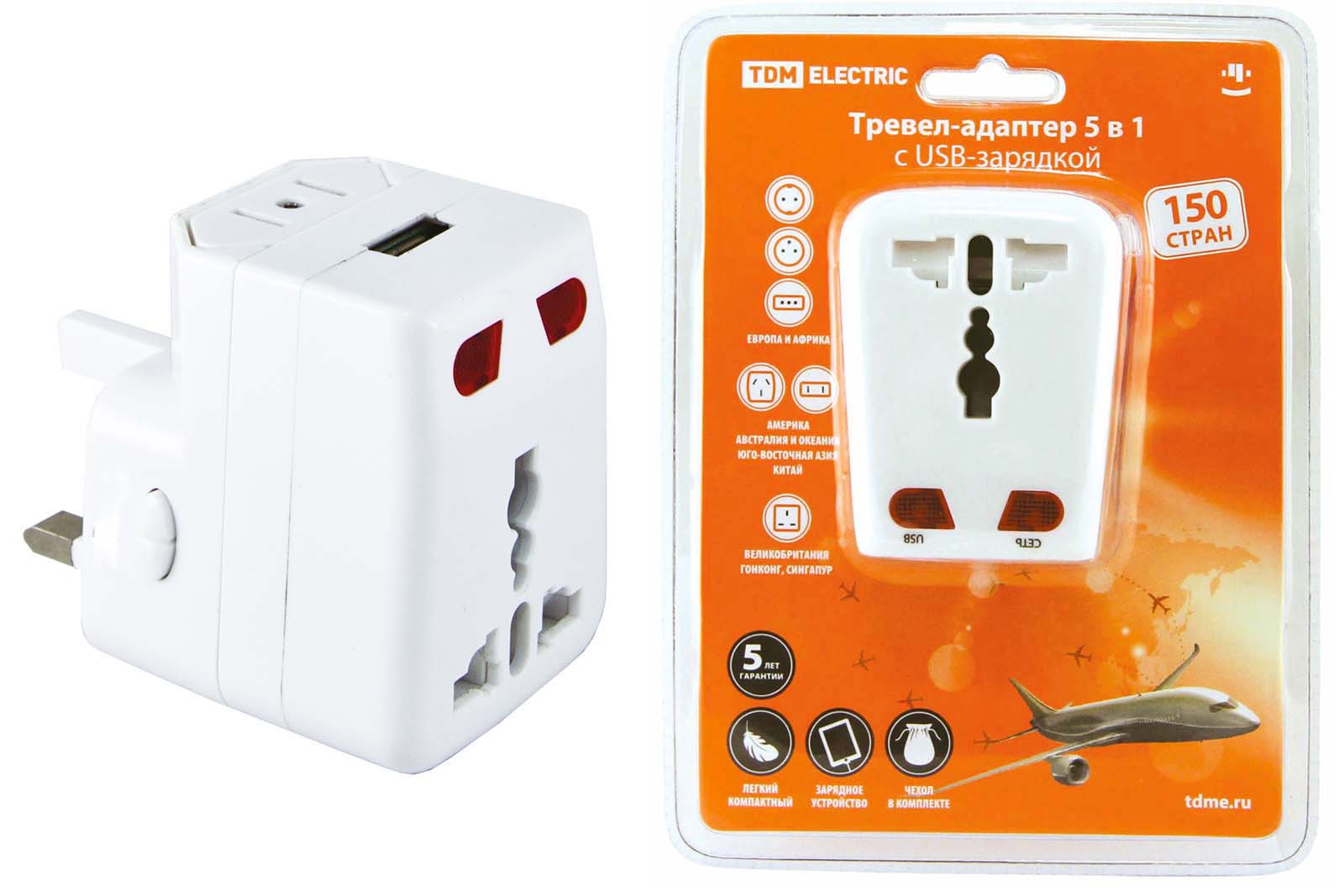 Тревел-адаптер 100-250В 3A (5 в 1) c USB-зарядкой 1000мА белый TDM Тревел-адаптер 100-250В 3A (5 в 1) c USB-зарядкой 1000мА белый TDM